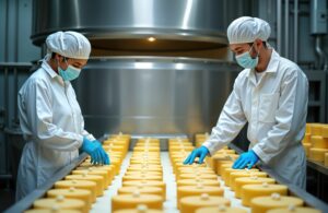 Workers in dairy factory process cheese. Wear protective gear. Scene shows industrial setting with rows of cheese wheels. Cheese yellow round. People work on conveyor belt. Eco food production